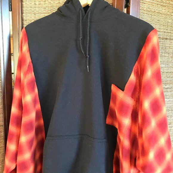 Upcycled Pullover Hoodie, Plus Size: Patchwork Flannel Sweatshirt, Red Plaid - Picture 11 of 13